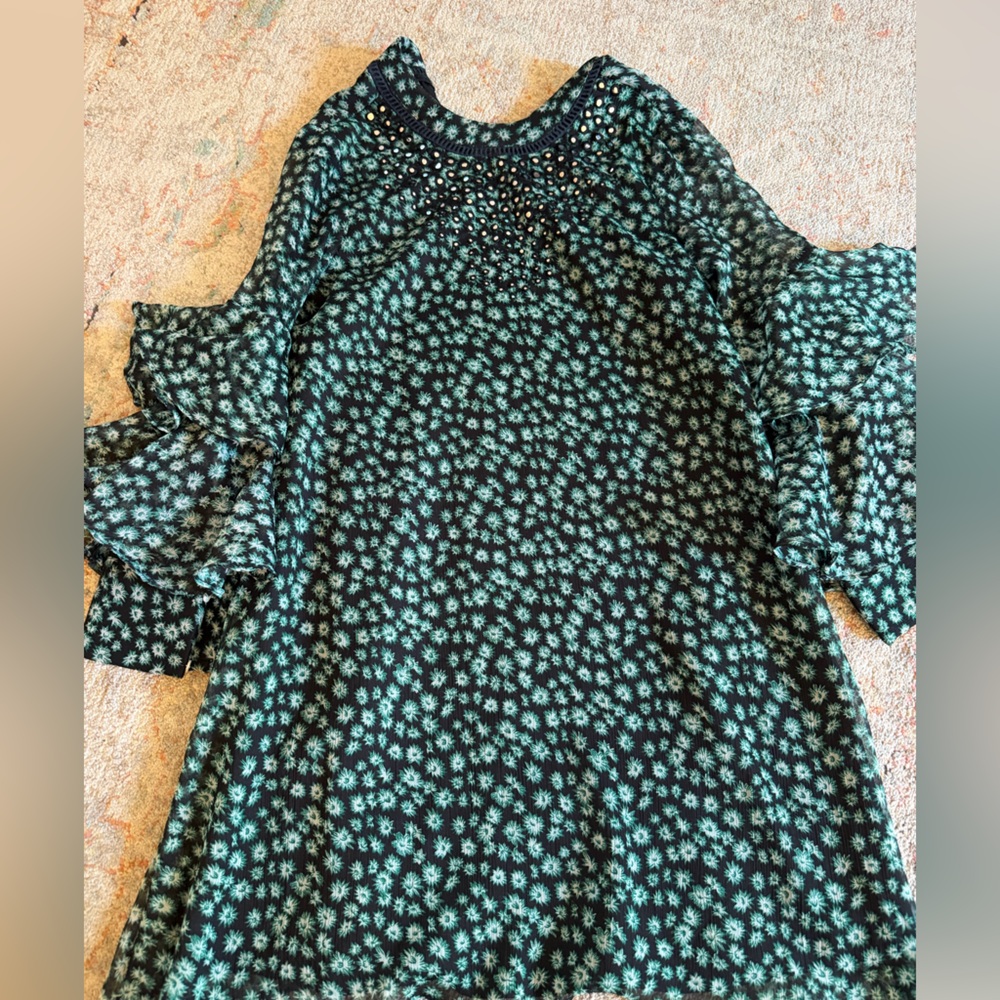 Ranna Gill Embellished Beaded Tunic Dress Black Green Floral Size XXS